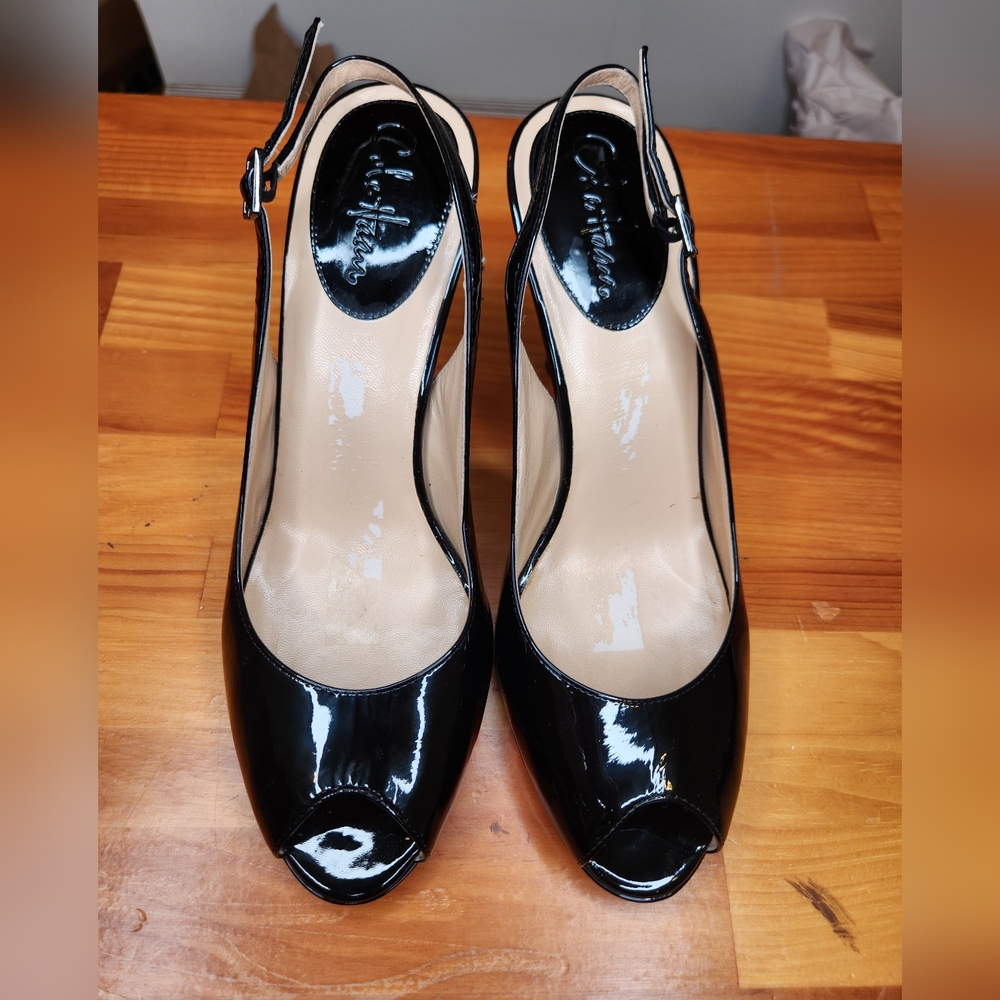 EUC Cole Haan Patent Leather Peep toe sling back pumps Black Size 11